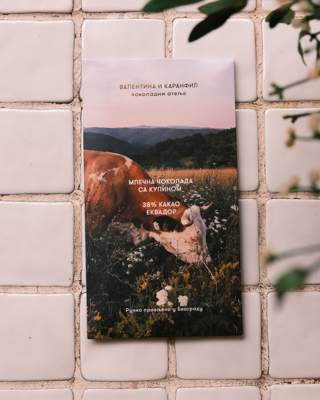 Pakovanje čokolade Valentina i Karanfil na pločicama, sa motivom krave i letnje prirode – mlečna čokolada sa kupinom, 38% kakao, Ekvador.