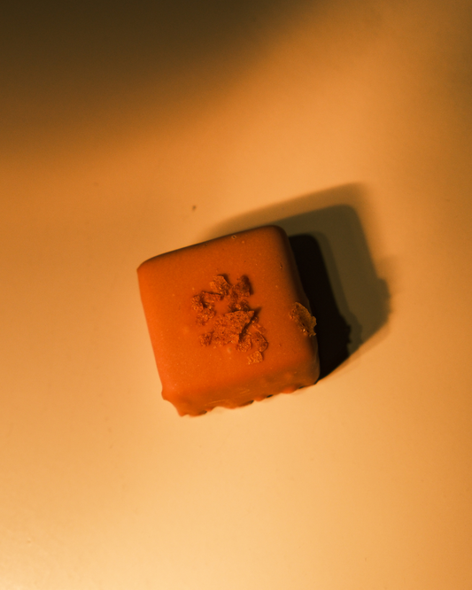 Ruby pralina sa lešnikom i keksom na toplom osvetljenju, minimalna kompozicija.