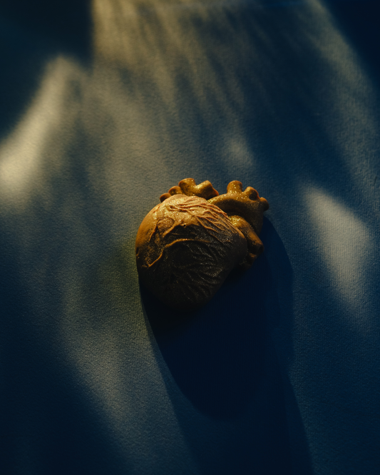 Zlatno-smeđe anatomsko srce od mlečne čokolade osvetljeno toplim svetlom na tamnoplavoj podlozi.